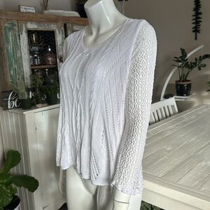 Vintage 90s White Large Boho crochet/cableknit lined Viscose eyelet round neck